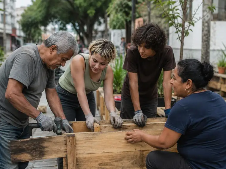 Vecinos y voluntarios construyendo jardineras para un huerto urbano
