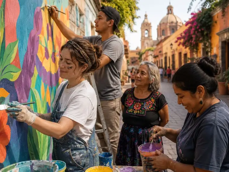 Voluntarios y vecinas pintando un mural comunitario en la calle