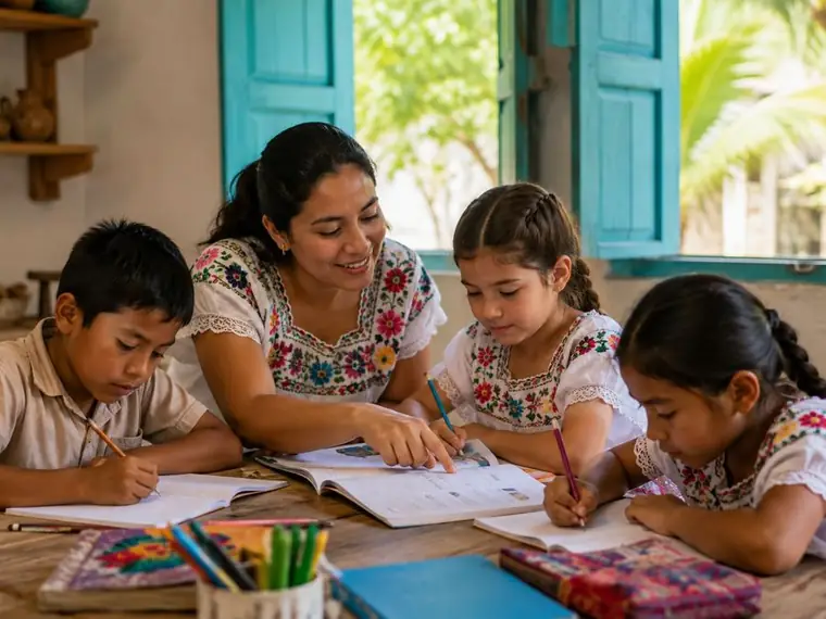 Voluntaria acompañando a niñas y niños en actividades de apoyo escolar