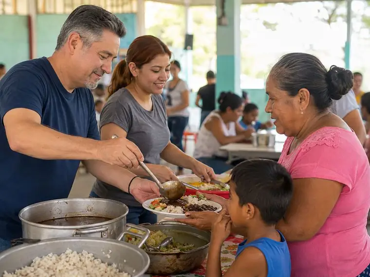 Voluntarios de empresa sirviendo alimentos en un comedor comunitario